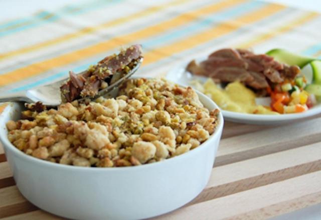 Crumble d'agneau au curry, légumes façon tajine