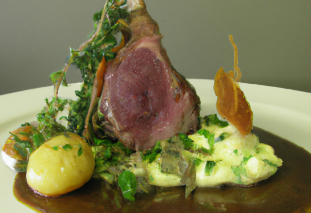 Agneau de Pauillac, pommes fondantes, croustillant d'épaule, pulpe d'herbes, sabayon à la Guinness