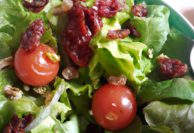 Salade verte, tomates, tomates séchées et vinaigrette au vinaigre de framboise