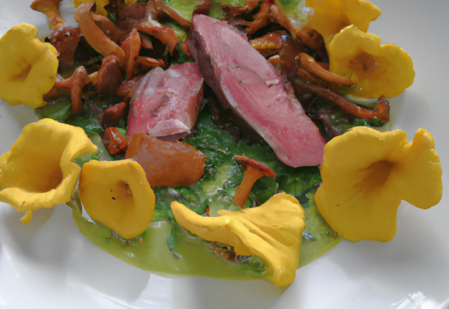 Filet de canard sauvage, moutarde verte, herbes, chanterelles