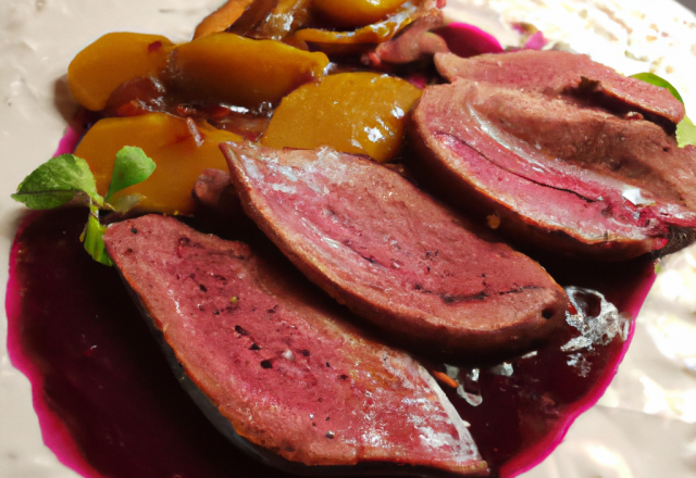 Magret de canard rôti, condiment datte citron jus de betterave-gingembre