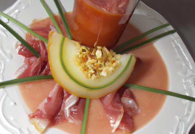 Fleur de melon, julienne de jambon, jus siroté au Pineau rouge