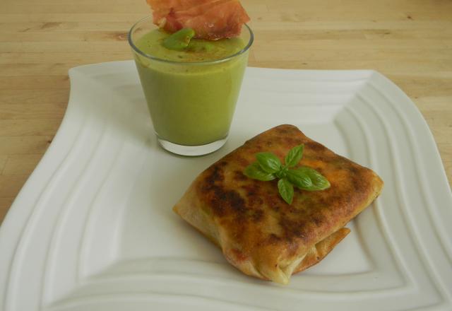 Coca espagnole revisitée, gaspacho de fèves au chorizo,chips de serrano