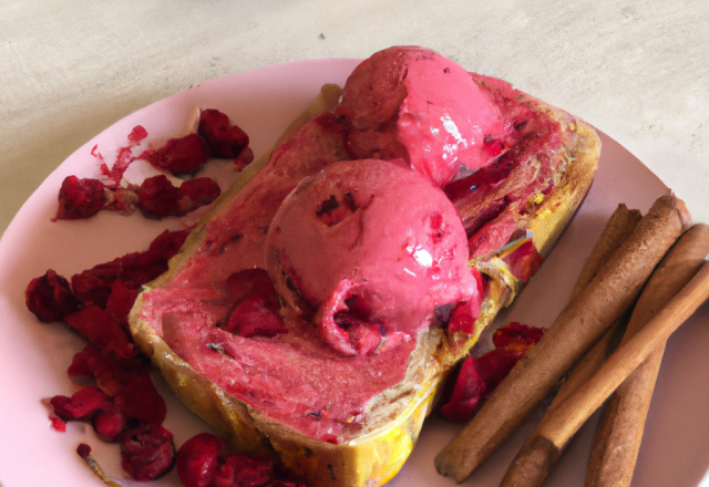 Pain d'épices chaud, coulis de framboises et glace à la cannelle