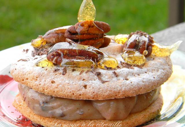 Gros macarons à la crème de marron, noix de pécan et éclats de chocolat