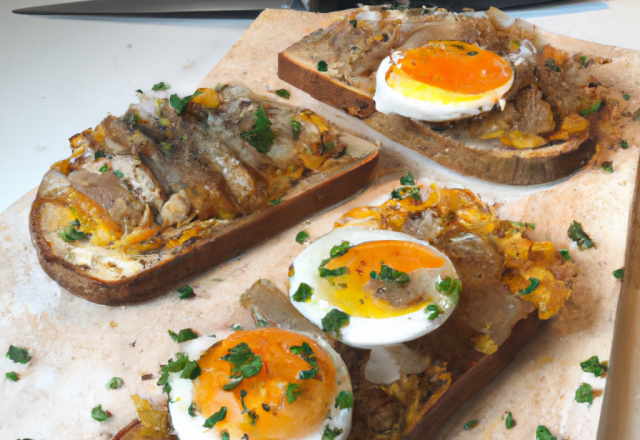 Tartine de poisson mariné à l'œuf poché et oignons frits