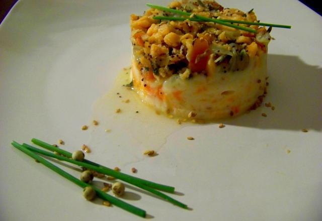 Cerclé de truite en papillote sur son écrasé de pommes de terre et carottes du jardin