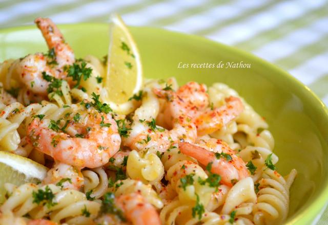 Spirelli aux scampis marinés au citron, à l'ail et piment d'Espelette