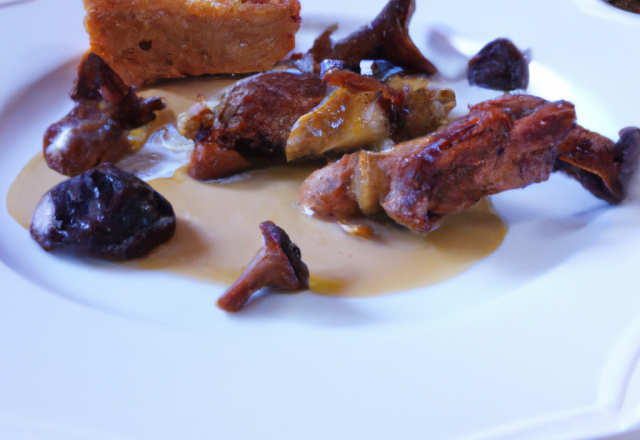 Chapon aux morilles, armagnac et foie de canard