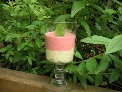 Mousse de fraises au parfum de verveine citronnelle sur sa crème de chocolat blanc