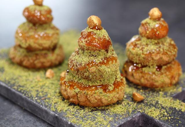 Mini-sapins, choux caramel et pistache