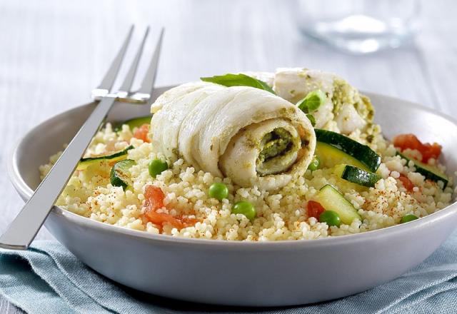 Poisson au pesto et son couscous aux petits légumes en papillote