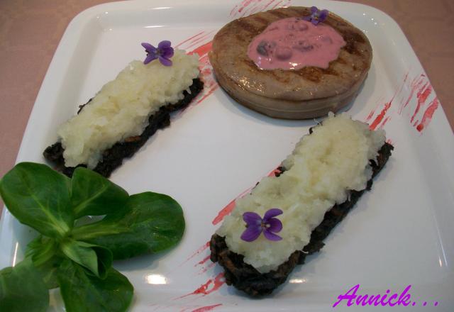 Tournedos de bœuf de Chalosse, sauce aux fruits des bois & écrasé de navets sur paillasson de Vitelottes