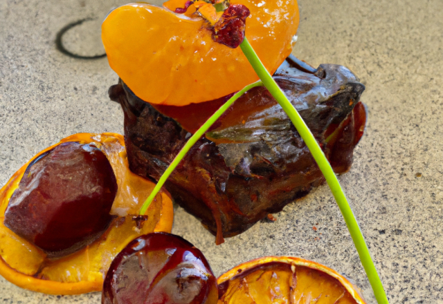 Croustillant d'oranges au chocolat fondant et ses écorces, cerises marinées au miel Corse.