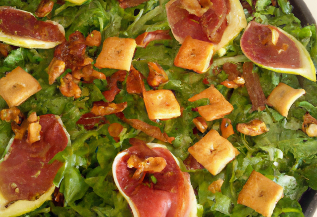 Roquette, figues et chips de pancetta en salade