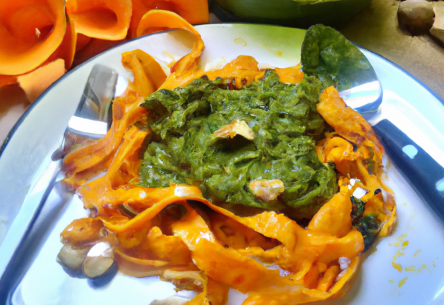 Tagliatelles fraîches, pesto de kale aux noix de cajou ou sauce au potimarron rôti et sauge