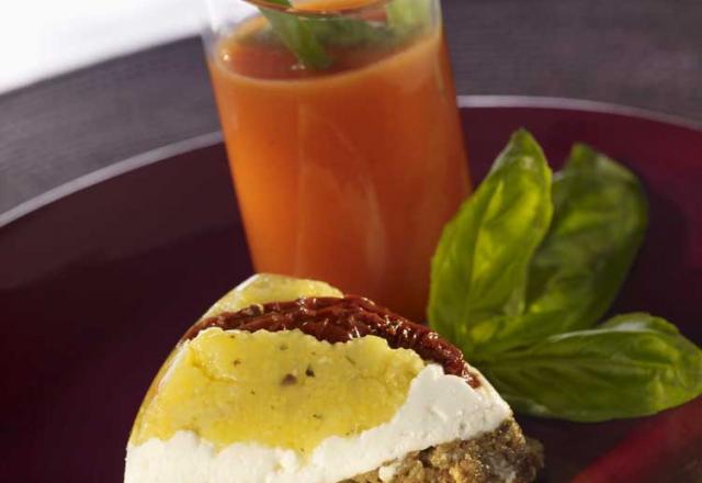 Polenta de Concassé d'Aubergine et de fromage de chèvre frais, Gaspacho de tomate