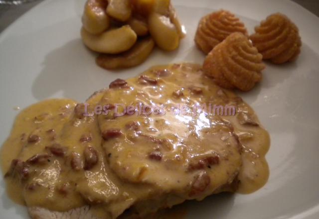 Rôti de porc au cidre et aux lardons, pommes fondantes au miel