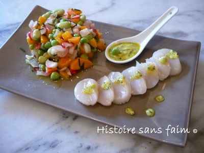 Tartare de légumes croquants et carpaccio de St-Jacques au pesto de légumes