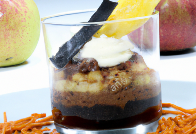 Saint Honoré de pommes et réglisse à l'armagnac, gelée d'armagnac et chocolat réglisse, verrine chocolatée d'écume à l'armagnac