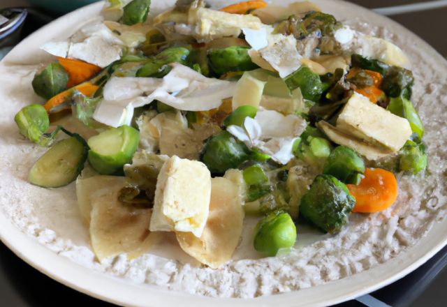 Farfalles et petits légumes verts sautés à l'huile d'olive et au chèvre.