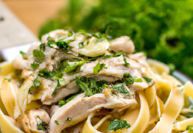 Tagliatelles au poulet relevées à l'ail et aux herbes