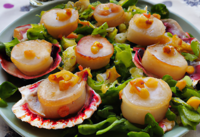 Salade de coquilles st jacques aux lardons