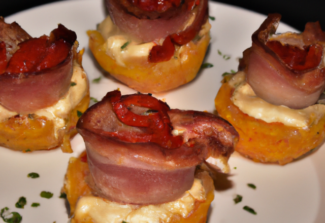 Mini-gâteaux au camembert et au prosciutto, coulis des poivrons rouges