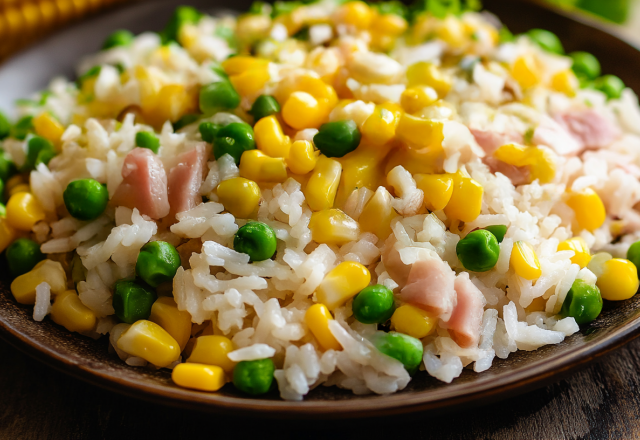 Salade jambon/maïs/petits pois/riz