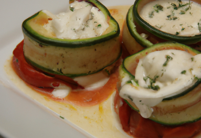 Aumônières de courgettes au chèvre frais, coulis de tomates et de poivron