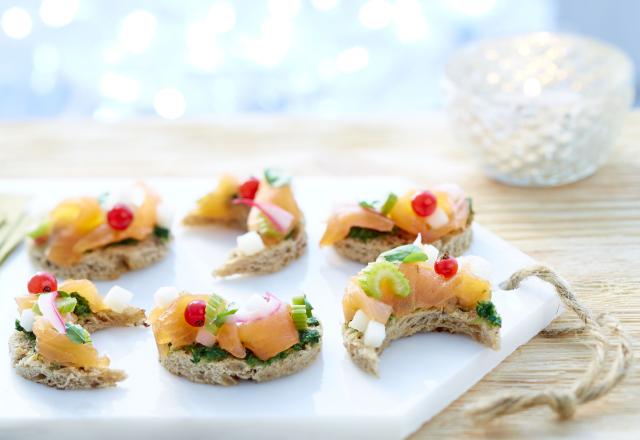 Toast’lune ceviche de saumon fumé de Norvège, poire, crème de cresson