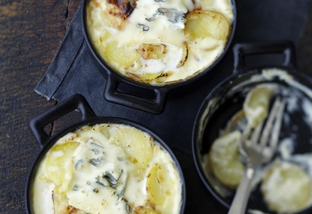 Mini cocottes de rattes gratinées au jambon et au Bresse Bleu