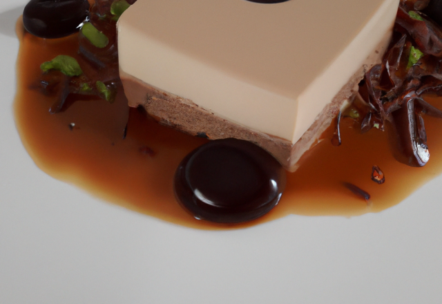 Flan de haricots blancs, crème de pruneaux et gelée chocolat