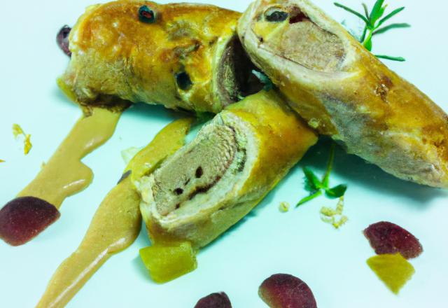 Nems au confit de canard cylindres de poires sauce roquefort