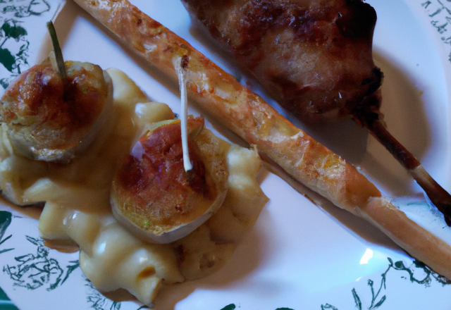 Brochette de blancs de poulet / magret de canard fumé et son gratin de pâtes