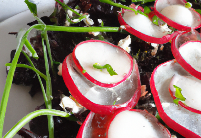 Carpaccio de radis noir, ricotta, vinaigrette à la tomate et herbes fraîches