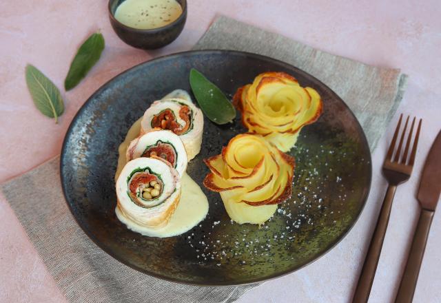 Roulades de dinde au jambon et tomates séchées, sauce au Morbier