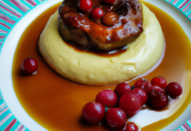 Petite tatin de lapin au caramel de porto et sa crème de vanille bourbon aux groseilles, purée de patate douce revisitée à l'ananas