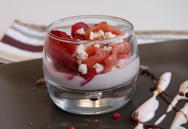 Verrine de Carpaccio de Bœuf et betterave feta et vinaigre de framboise