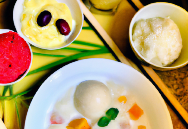 Riz au lait de Madagascar, minestrone de fruits exotiques et sorbet litchis