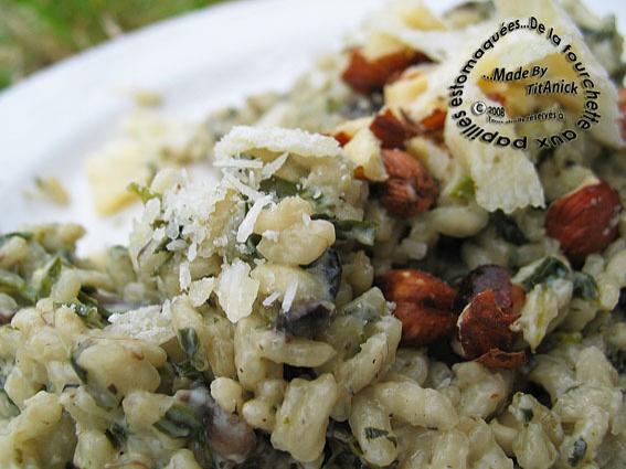 Risotto aillé aux champignons, chénopodes, noisettes et parmesan