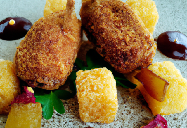 Croquettes de canard et foie gras condiment pomme mostarda