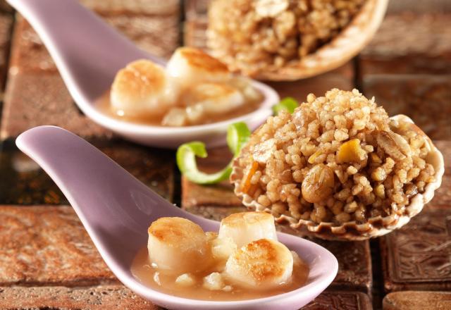 Noix de Saint-Jacques, ses céréales gourmandes cacaotées et poires fraîches