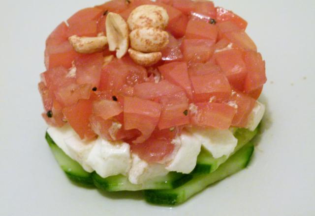 Tomates sur lit de mozzarella et concombre