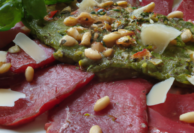 Carpaccio de bœuf et son pesto de basilic frais au pignon de pin et parmesan 