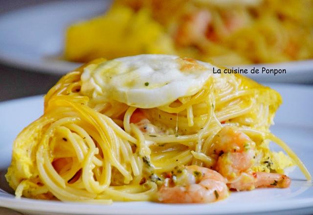 Cake de spaghetti aux crevettes roses et mozza