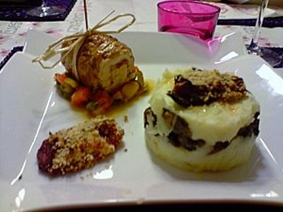 Saltimbocca, poivrons et écrasé de pomme de terre aux cèpes