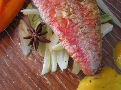 Filets de rougets, choucroute de fenouil à la badiane, carottes aux éclats de fève de Tonka