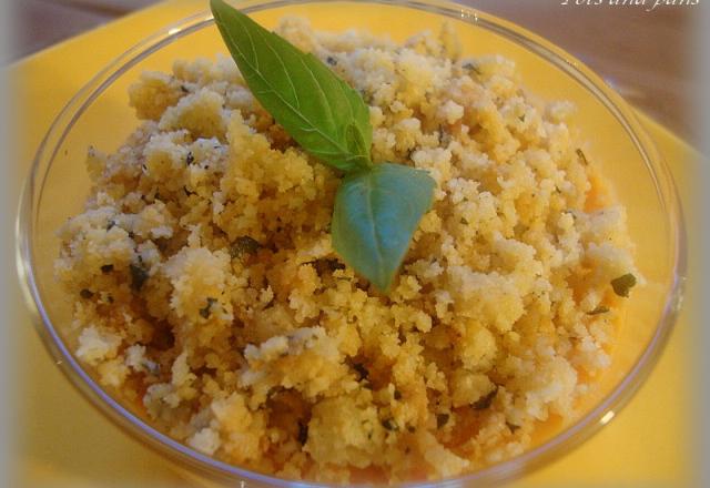 Panna cotta de poivrons et crumble parmesan basilic