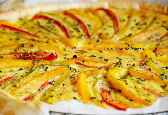 Tarte aux 3 poivrons parfumée au raifort à l'ail des ours